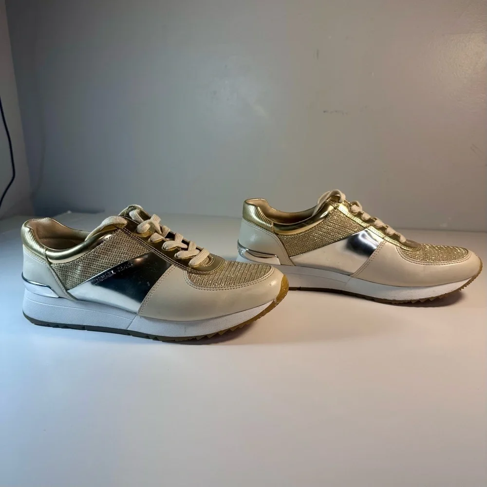 Michael Kors Women's Allie Glitter Mesh Chain Leather Trainers Tan/Gold Size 8